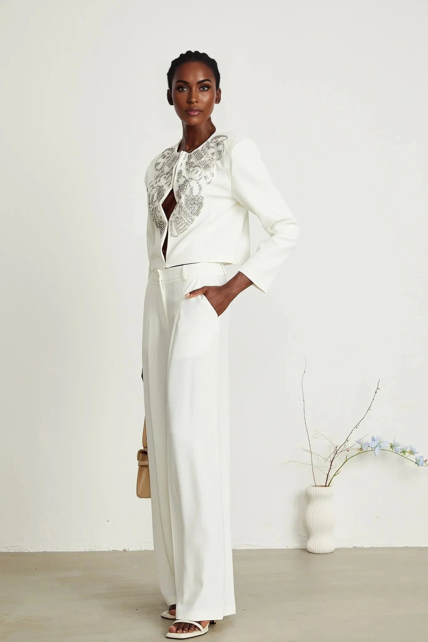 Annalee Jacket & Trousers Set - Crystal & Sequin Embellishments - Cropped Jacket - Straight Leg Trousers - Front Hook & Eye Fastening