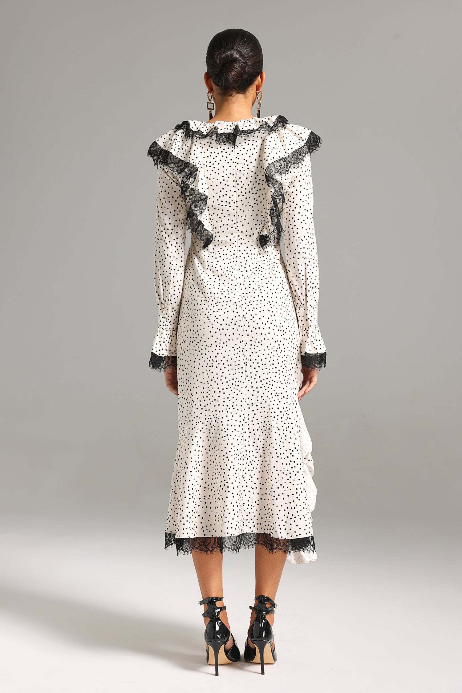 Annalee White Polka Dot Lace Ruffle Neckline Midi Dress
