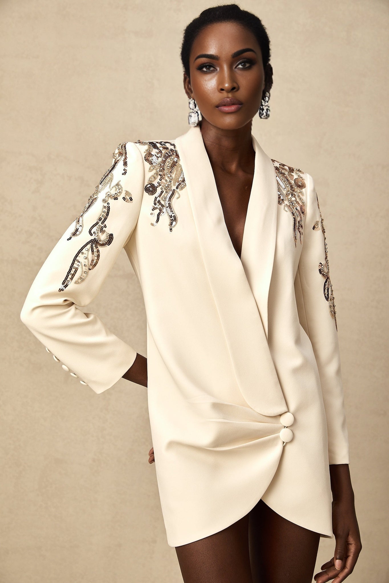 Annalisa Blazer - Plunging V - neck - Crystal Embellishment - Sequined Detailing