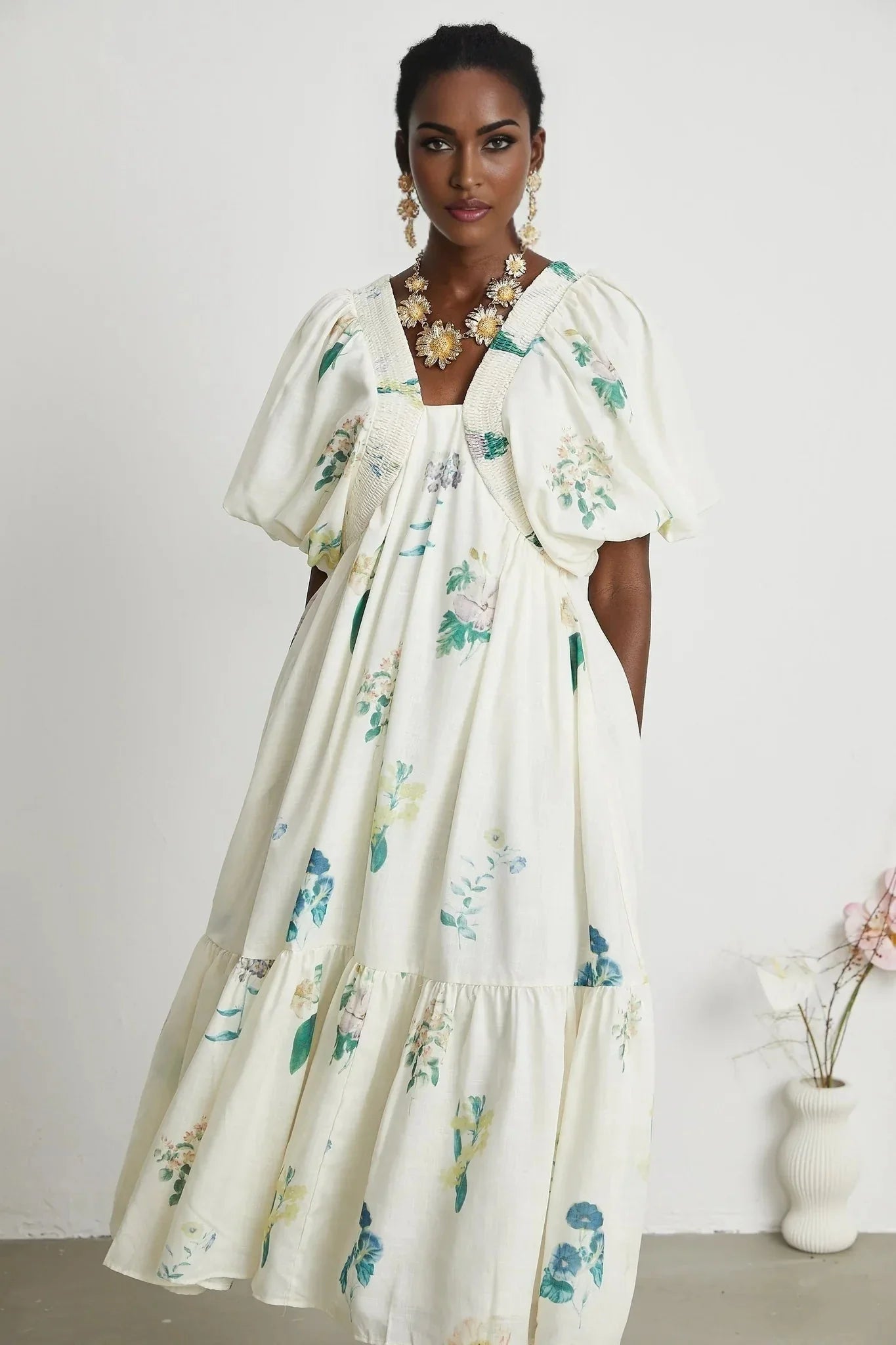 Annalisa Floral Midi Dress - V - Neck - Short Puff Sleeves - Flounce Hem - A - line Skirt Cut
