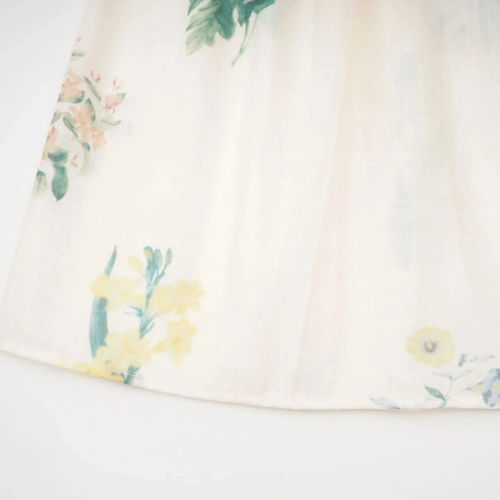 Annalisa Floral Midi Dress - V - Neck - Short Puff Sleeves - Flounce Hem - A - line Skirt Cut
