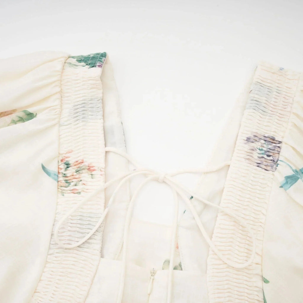 Annalisa Floral Midi Dress - V - Neck - Short Puff Sleeves - Flounce Hem - A - line Skirt Cut