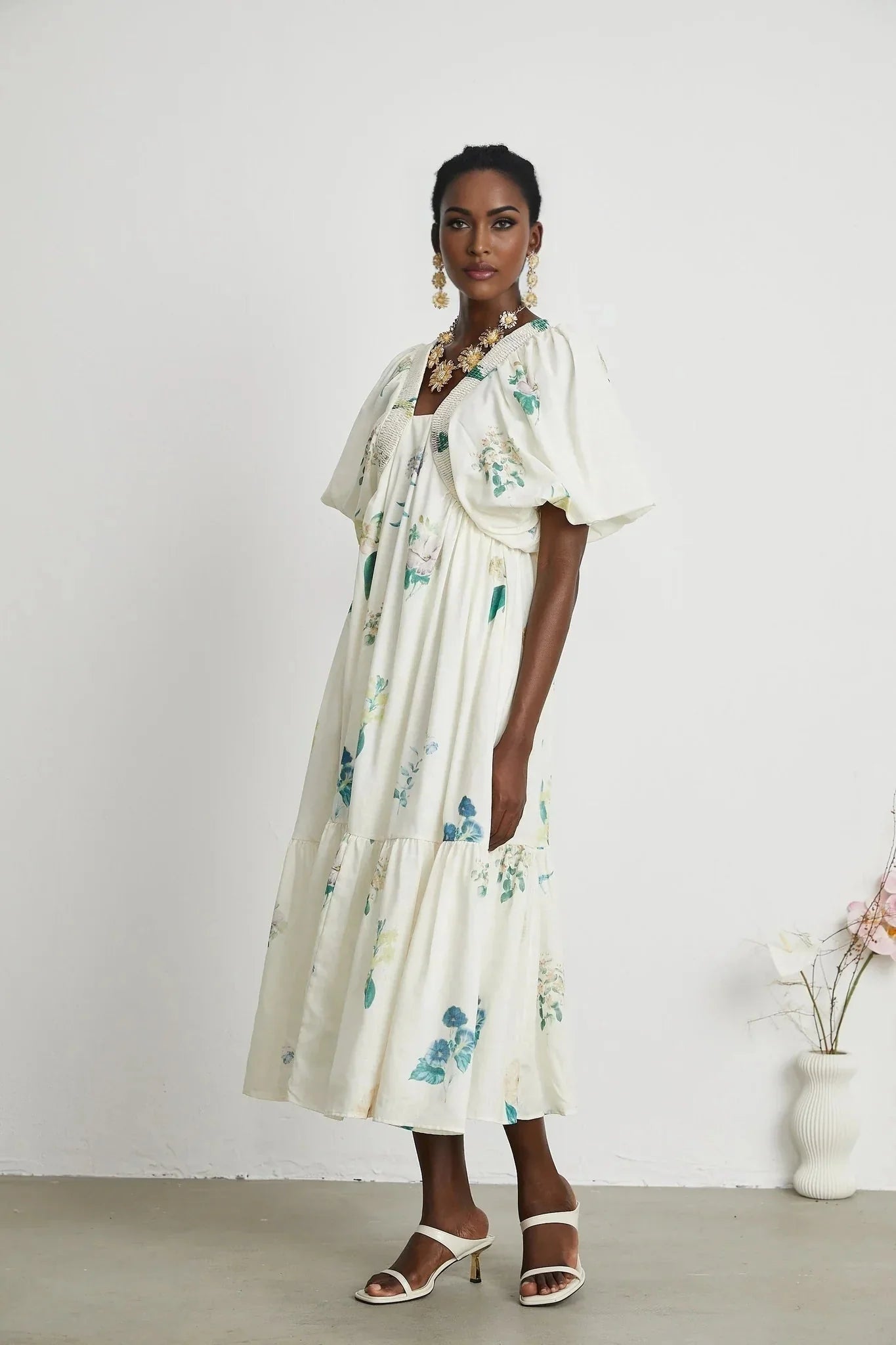 Annalisa Floral Midi Dress - V - Neck - Short Puff Sleeves - Flounce Hem - A - line Skirt Cut