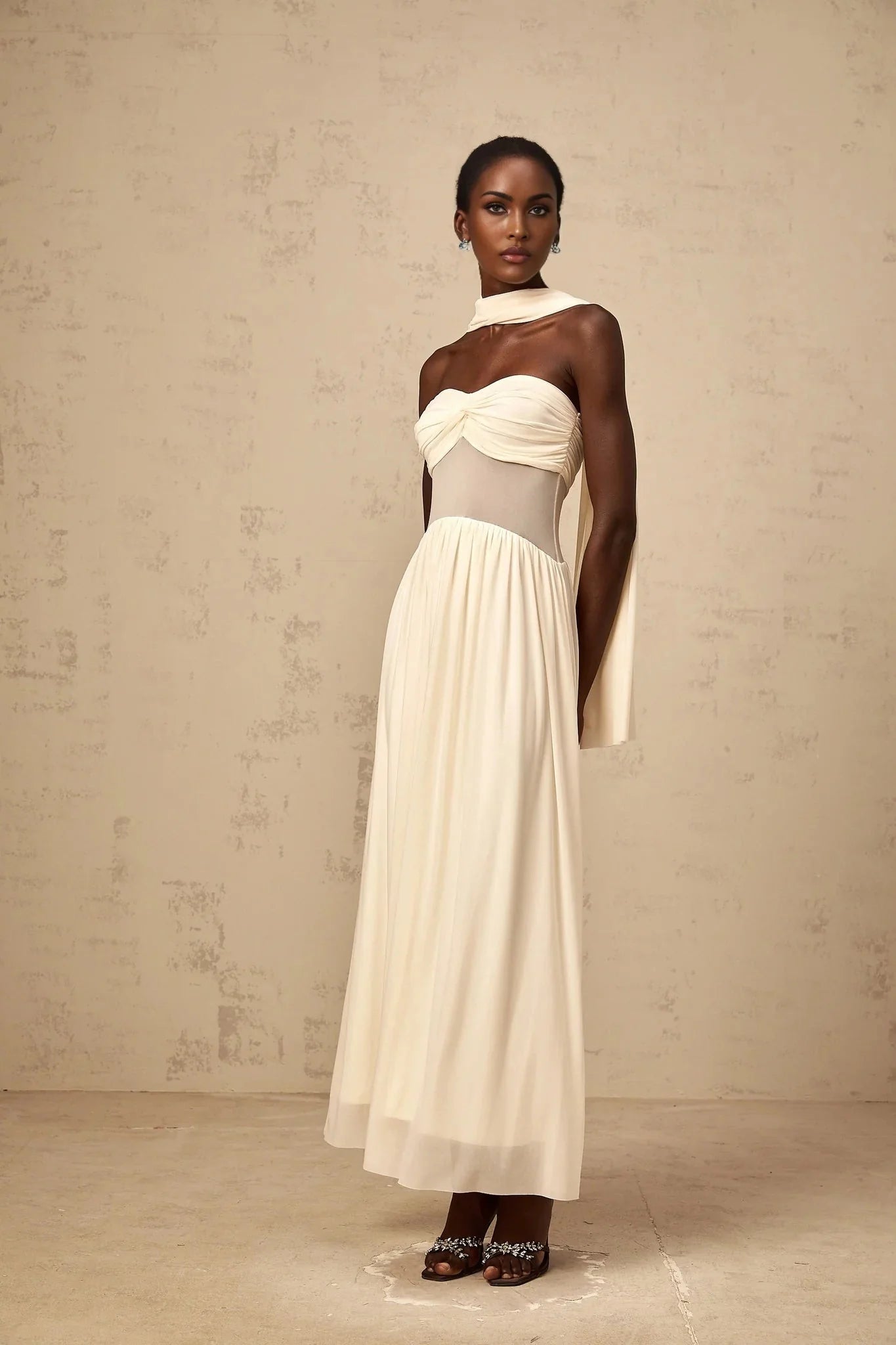 Annalisa Midi Dress Mesh Scarf - Design Stretch Ruched Panelled Sheer