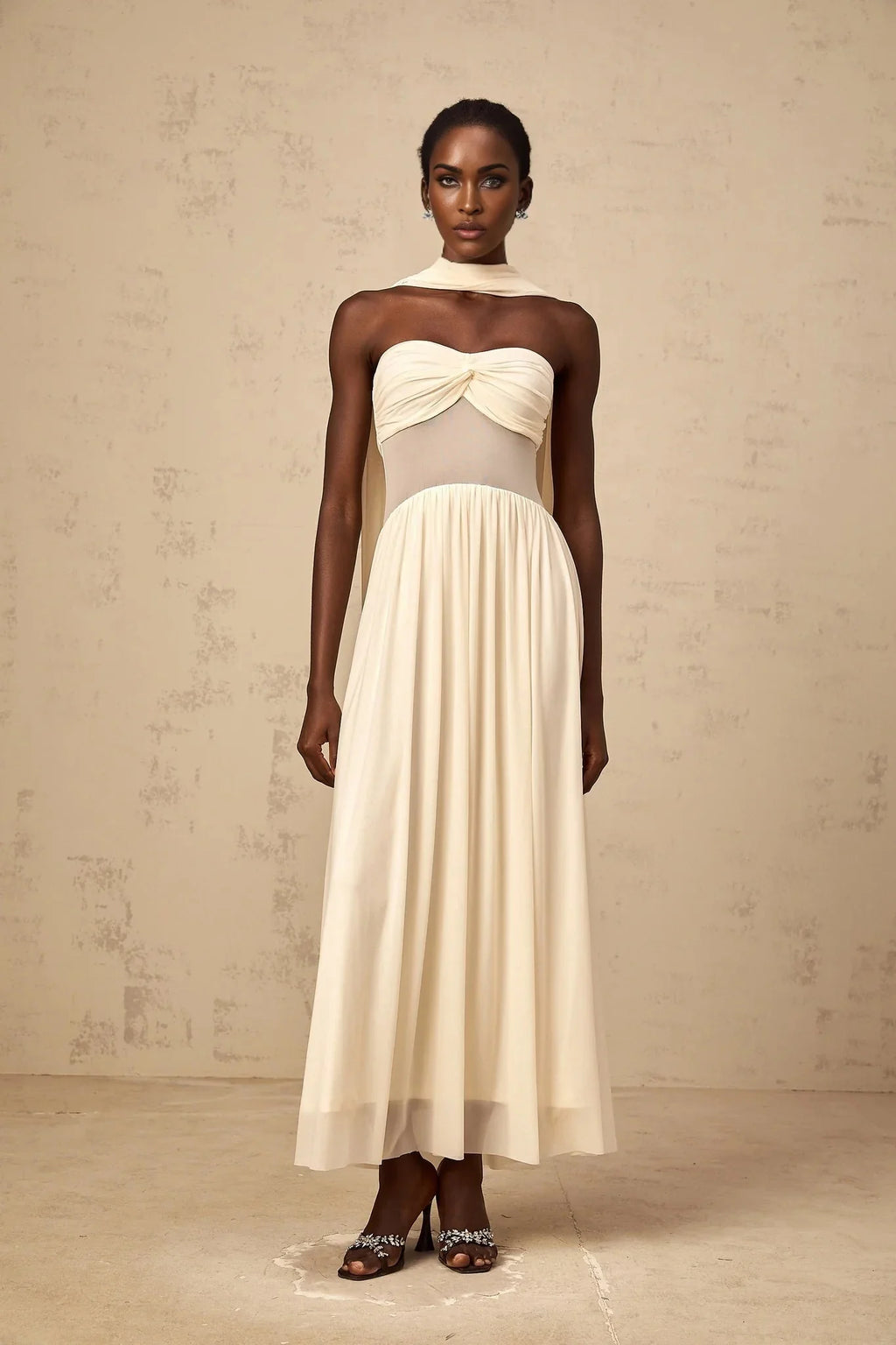 Annalisa Midi Dress Mesh Scarf - Design Stretch Ruched Panelled Sheer