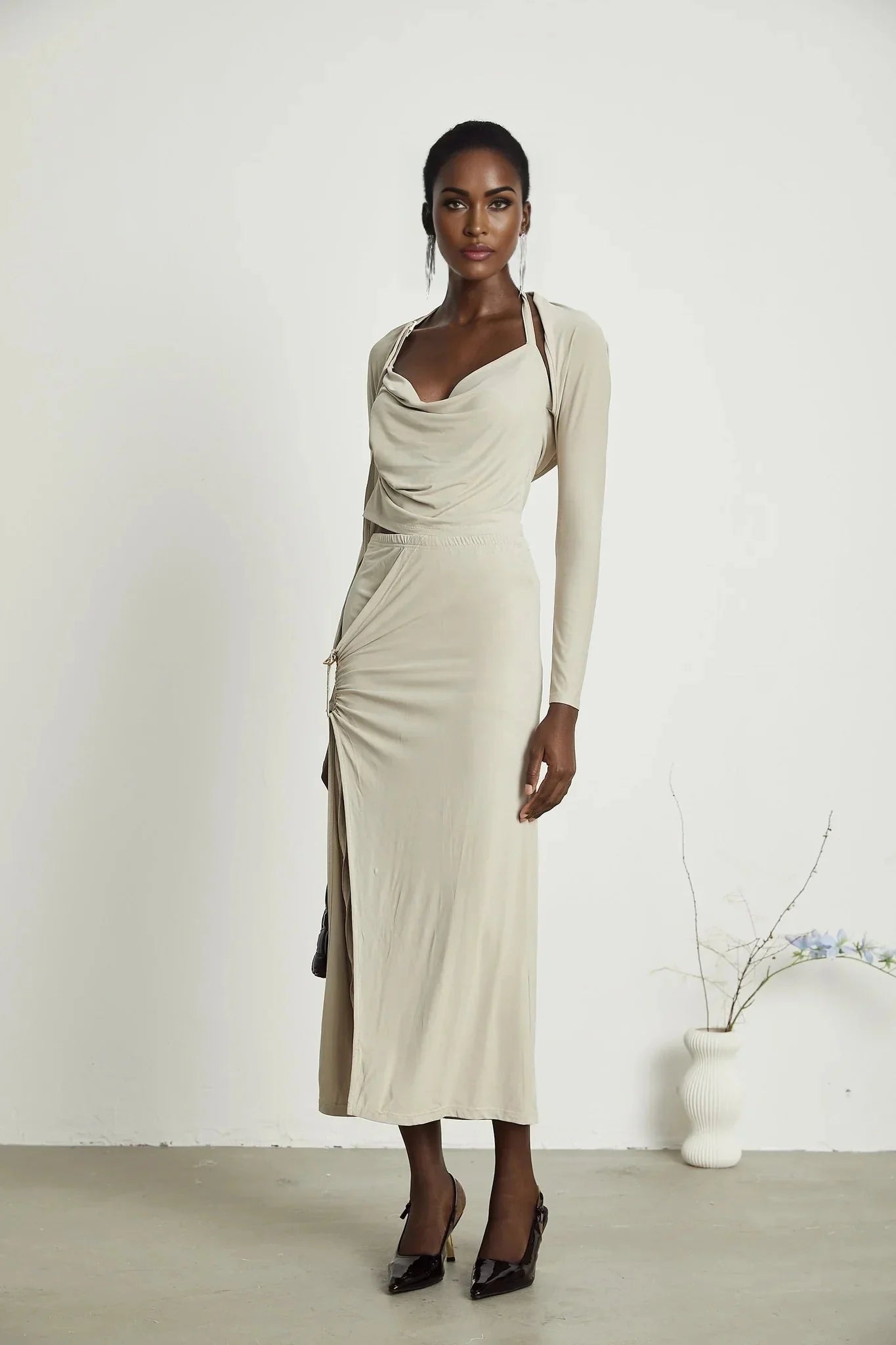 Annalisa Top & Skirt Set - Layered Construction - Cut - Out Design - Adjustable Halter Strap - Side Slit - Gathered Effect