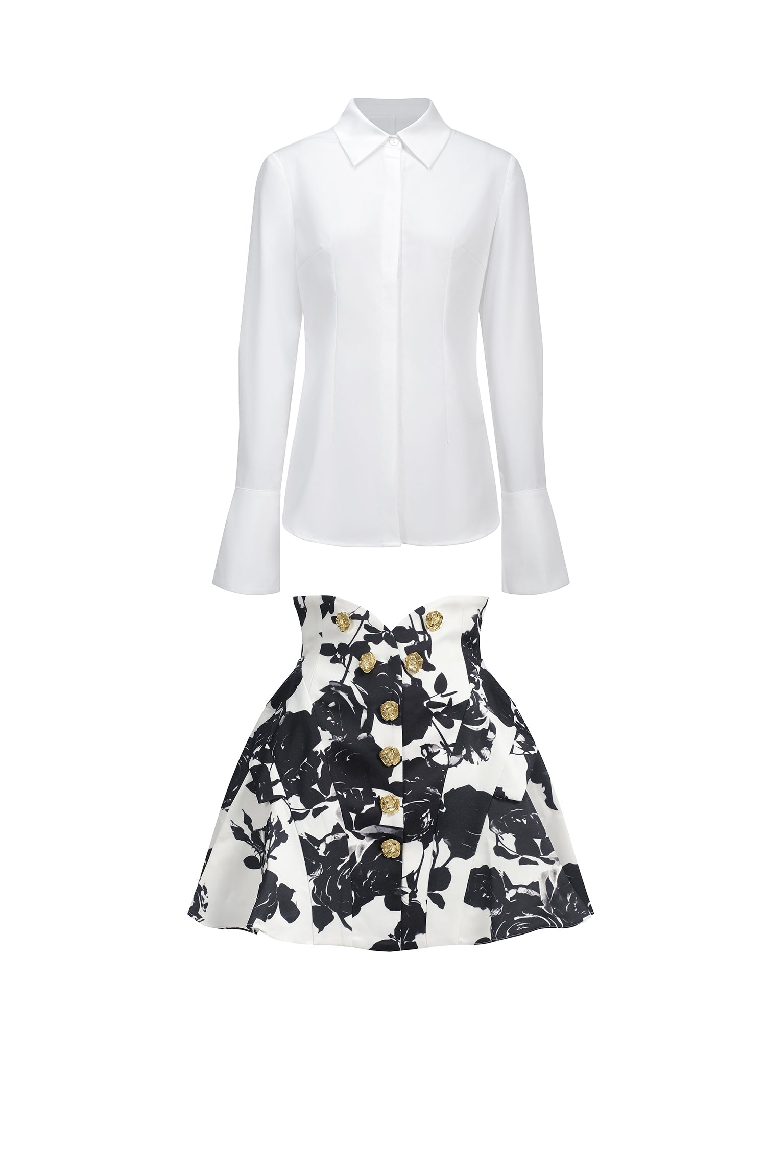 Annalisa White Long Sleeve Shirt and Floral Print Flared Skirt Two-Piece Set