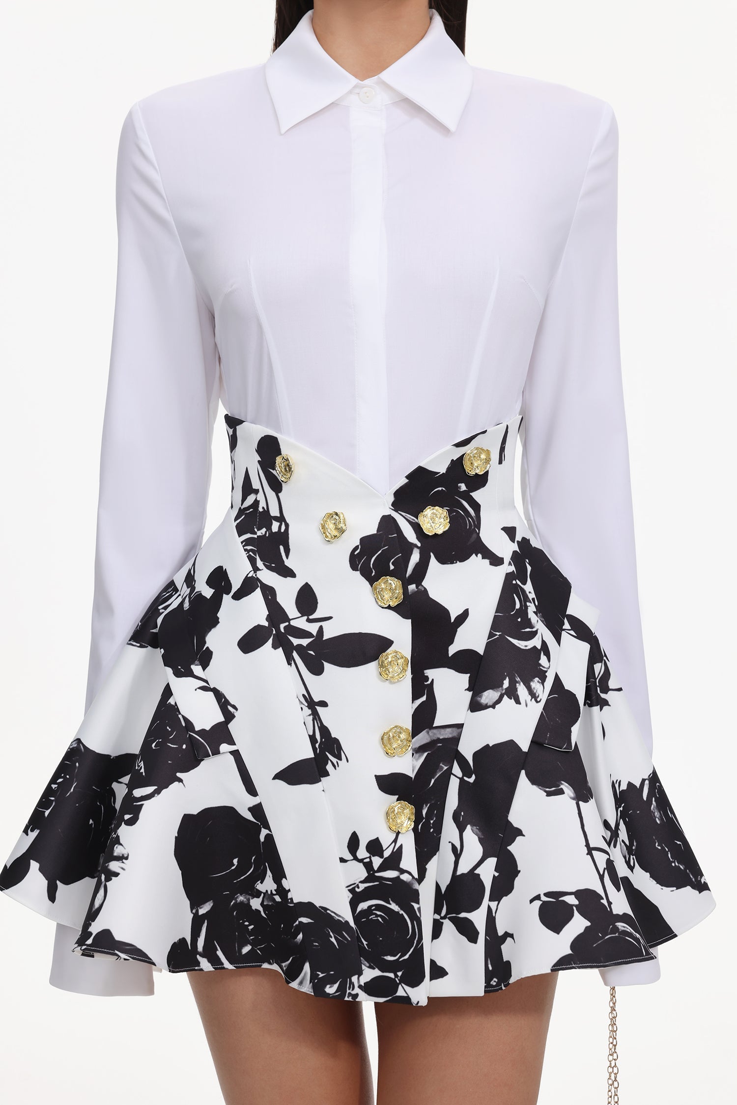 Annalisa White Shirt and Floral Print Flared Skirt Two-Piece Set