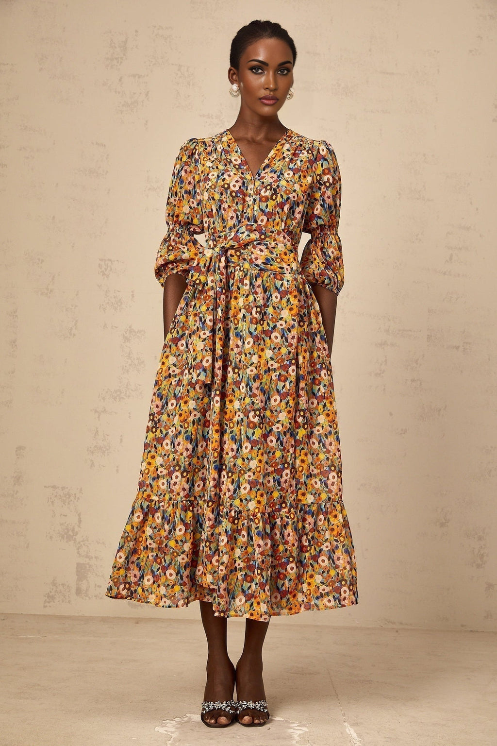 Annamaria Floral Midi Dress - V - Neck Design - Three - Quarter Sleeves - Cinched Waist Detail - Rear Zip Fastening