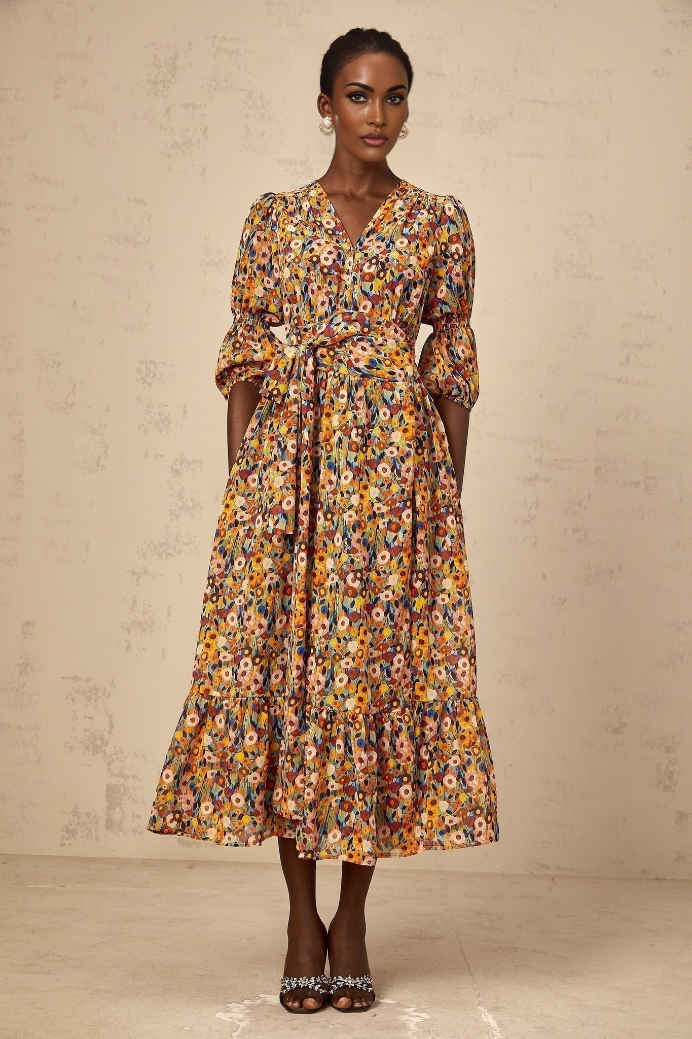 Annamaria Floral Midi Dress - V - Neck Design - Three - Quarter Sleeves - Cinched Waist Detail - Rear Zip Fastening