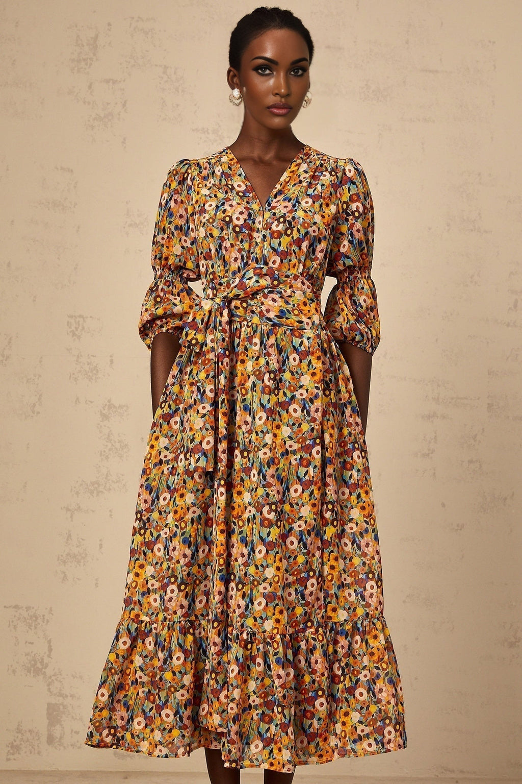 Annamaria Floral Midi Dress - V - Neck Design - Three - Quarter Sleeves - Cinched Waist Detail - Rear Zip Fastening