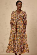 Annamaria Floral Midi Dress - V - Neck Design - Three - Quarter Sleeves - Cinched Waist Detail - Rear Zip Fastening