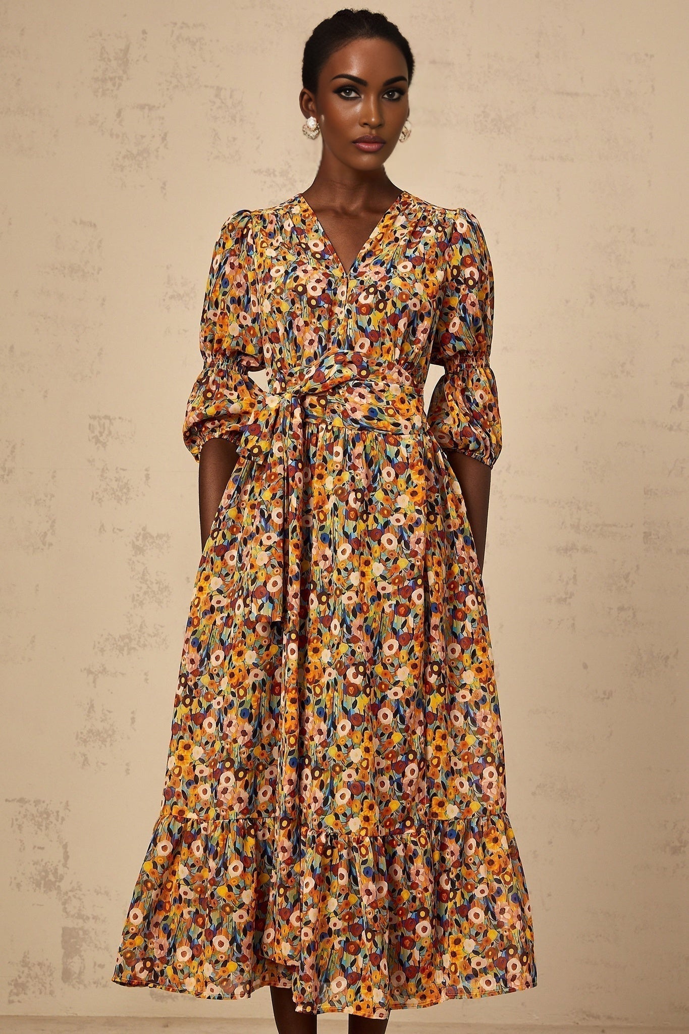 Annamaria Floral Midi Dress - V - Neck Design - Three - Quarter Sleeves - Cinched Waist Detail - Rear Zip Fastening