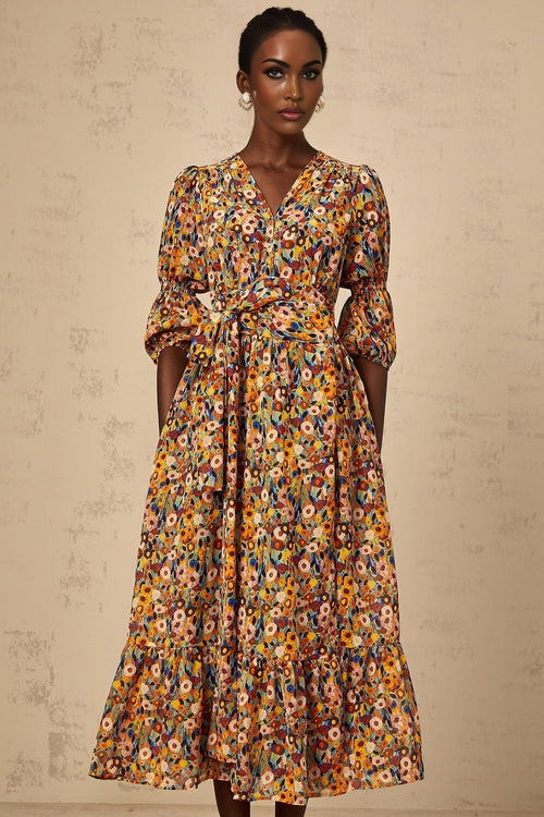 Annamaria Floral Midi Dress - V - Neck Design - Three - Quarter Sleeves - Cinched Waist Detail - Rear Zip Fastening