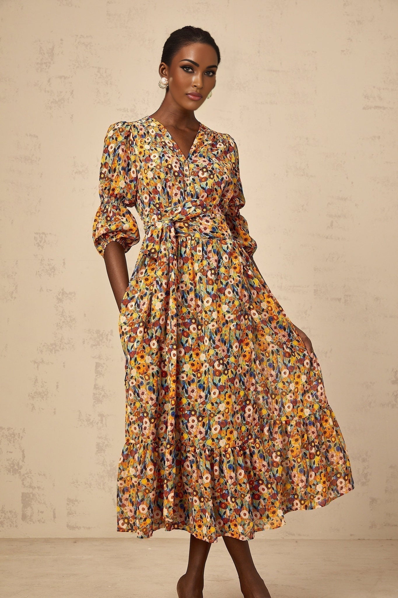 Annamaria Floral Midi Dress - V - Neck Design - Three - Quarter Sleeves - Cinched Waist Detail - Rear Zip Fastening