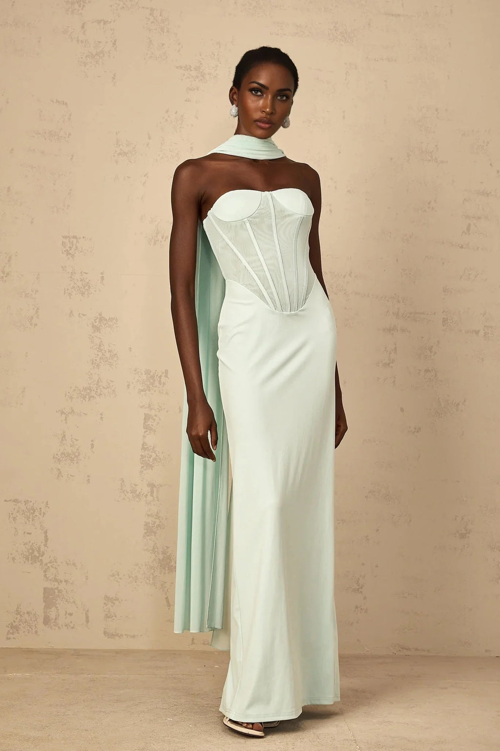 Annamaria Maxi Dress Mint Green Corset & Tulle Detail