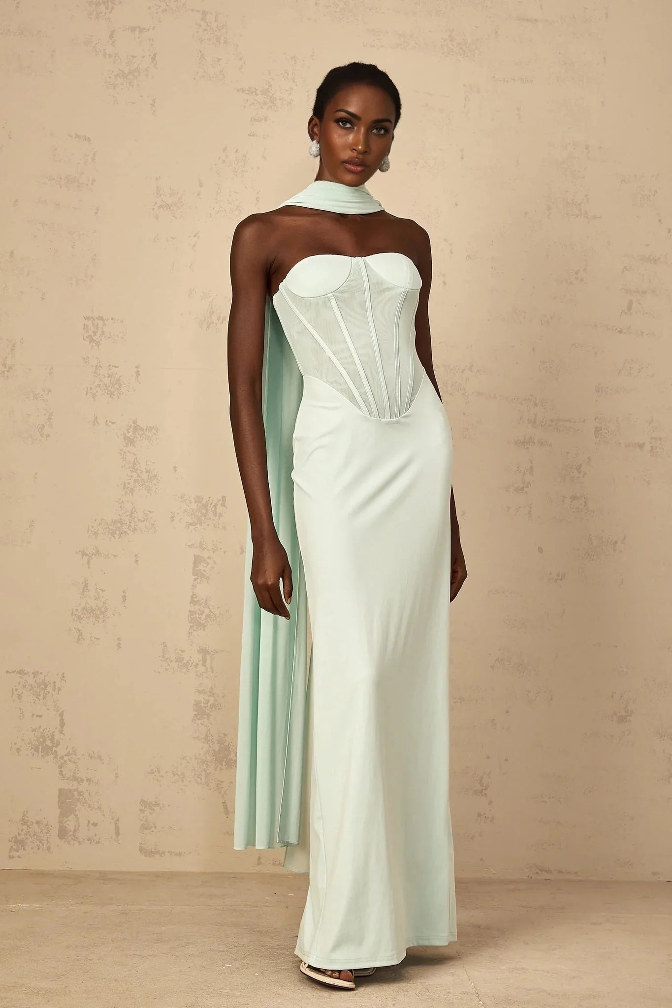 Annamaria Maxi Dress Mint Green Corset & Tulle Detail