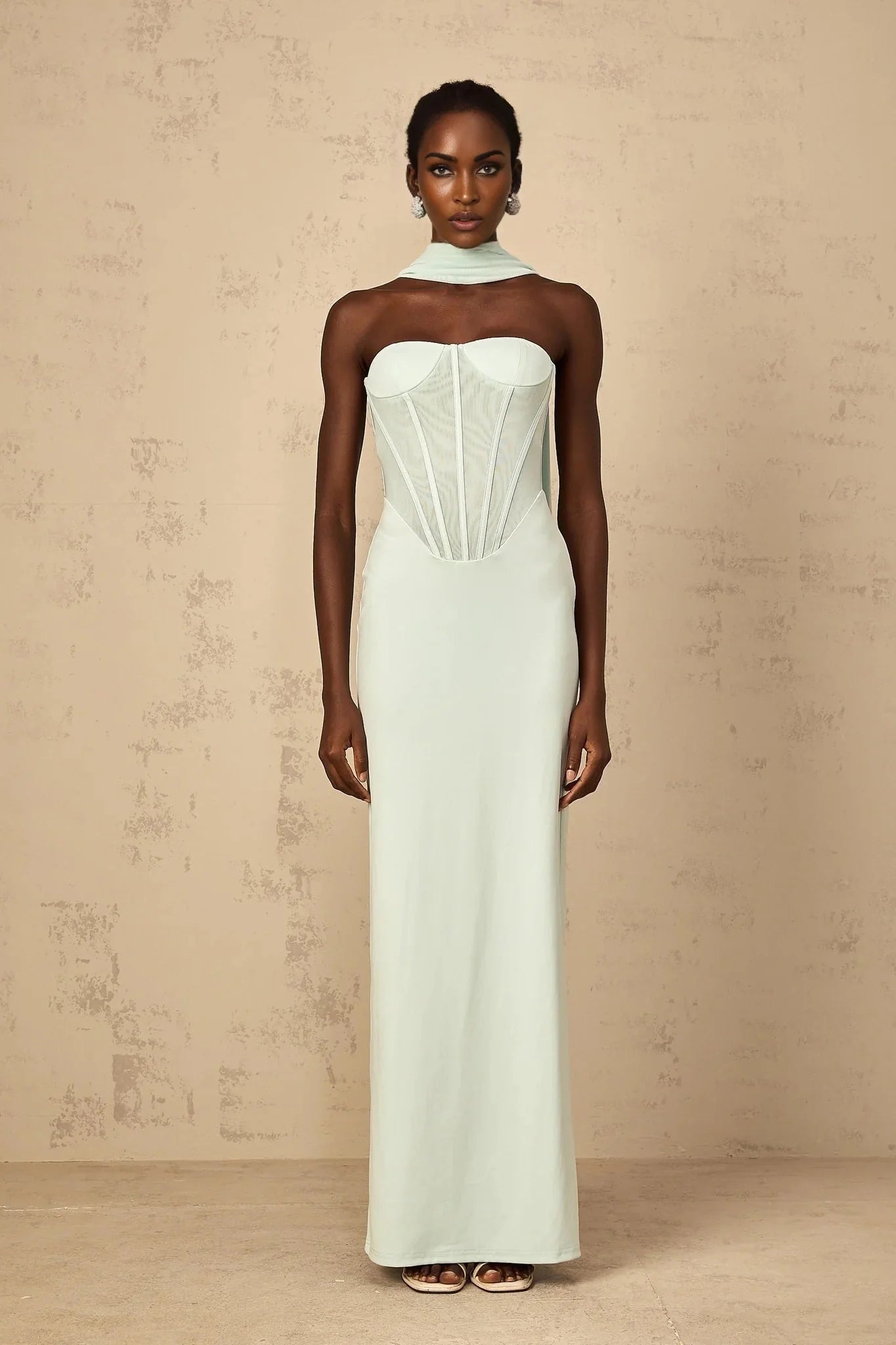 Annamaria Maxi Dress Mint Green Corset & Tulle Detail