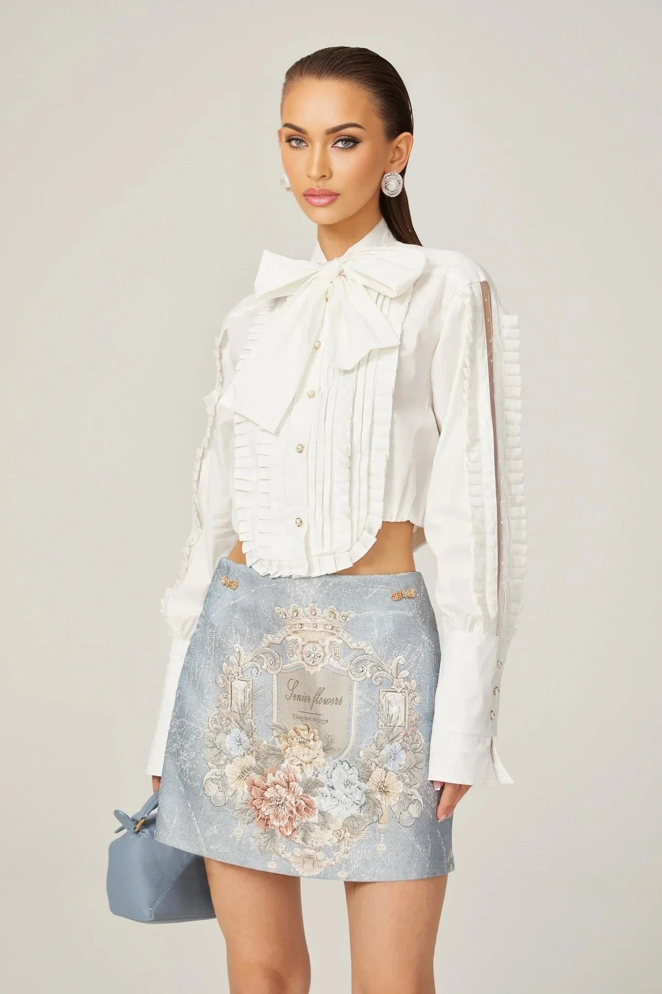 Annetta Embroidered Skirt - Crystal Embellishment - Straight Hem - Rear Zip Fastening - Thigh Length