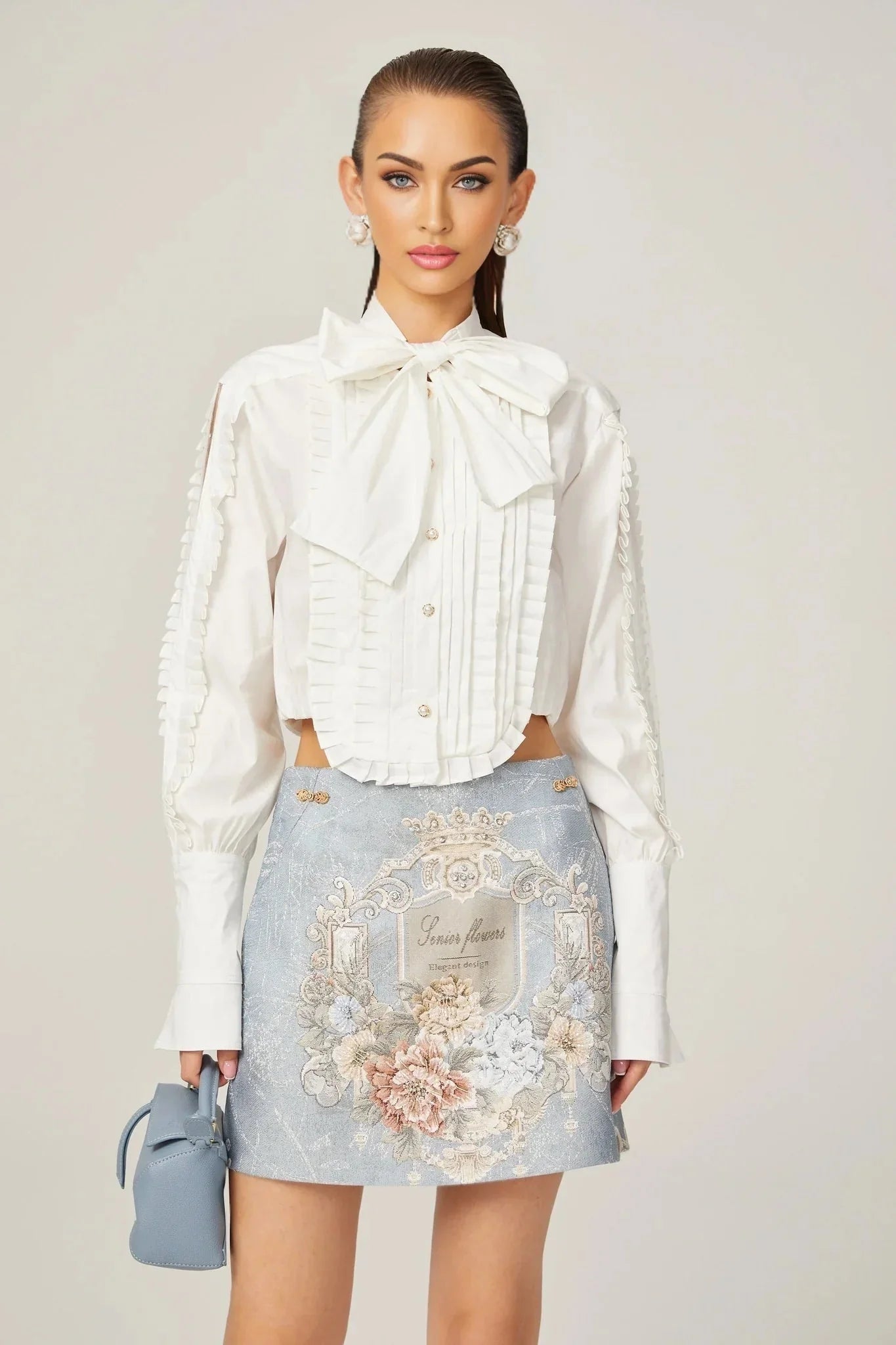 Annetta Embroidered Skirt - Crystal Embellishment - Straight Hem - Rear Zip Fastening - Thigh Length