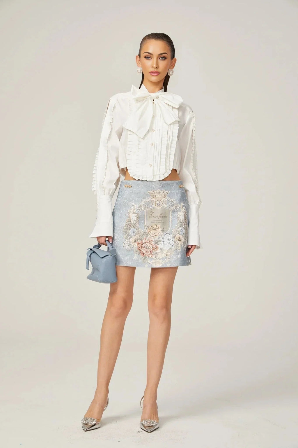 Annetta Embroidered Skirt - Crystal Embellishment - Straight Hem - Rear Zip Fastening - Thigh Length