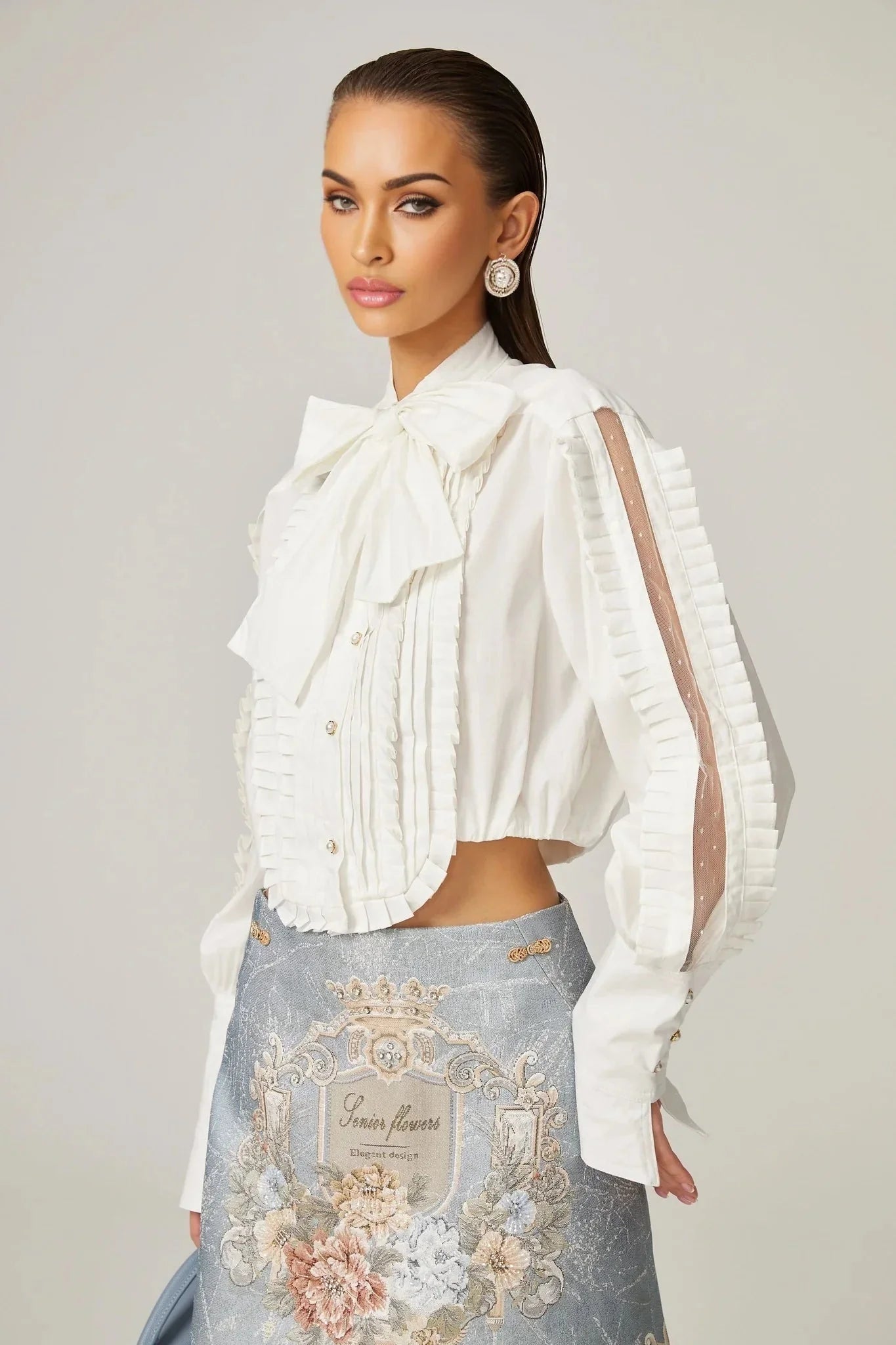 Annetta Embroidered Skirt - Crystal Embellishment - Straight Hem - Rear Zip Fastening - Thigh Length