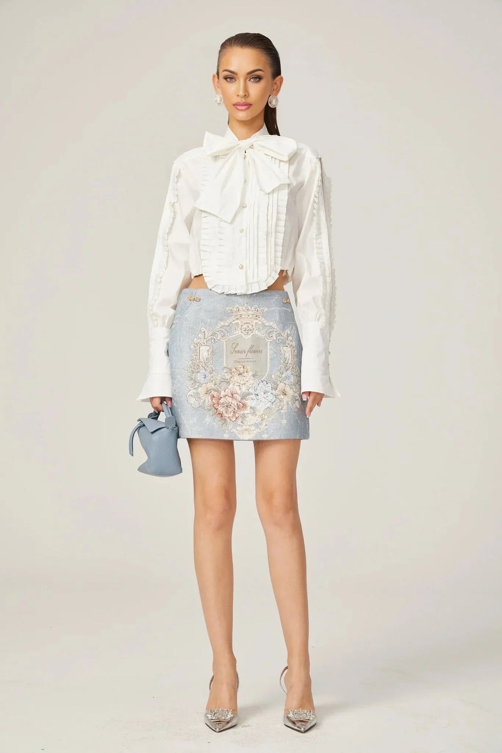 Annetta Embroidered Skirt - Crystal Embellishment - Straight Hem - Rear Zip Fastening - Thigh Length