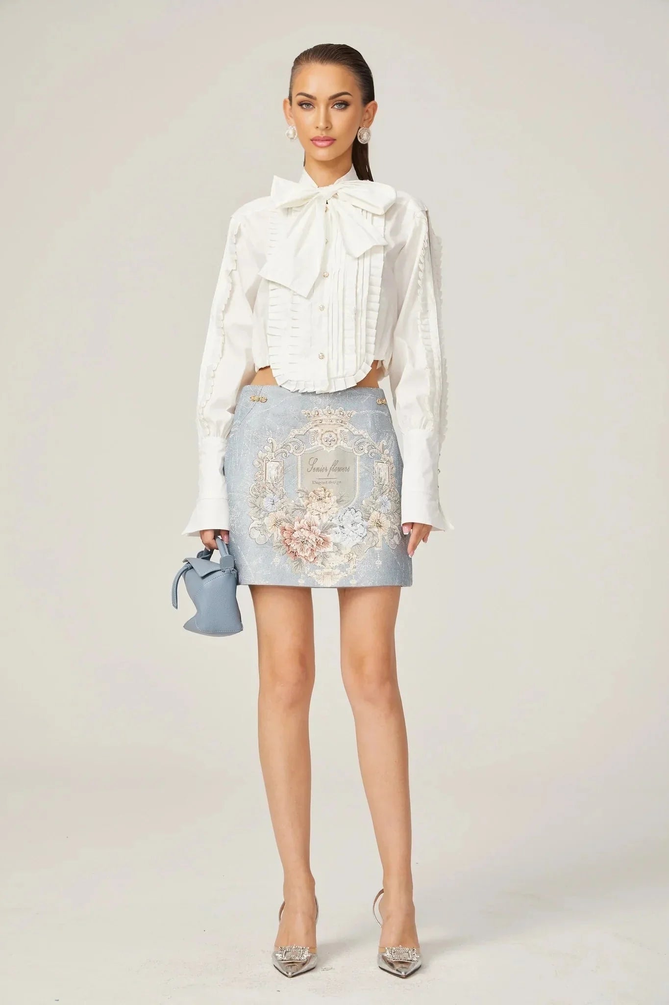 Annetta Embroidered Skirt - Crystal Embellishment - Straight Hem - Rear Zip Fastening - Thigh Length