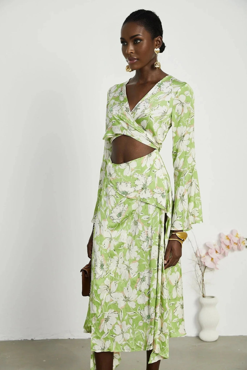 Annetta Floral Midi Dress - Long Sleeves - V - Neckline - Crystal Embellishments - Front Slit
