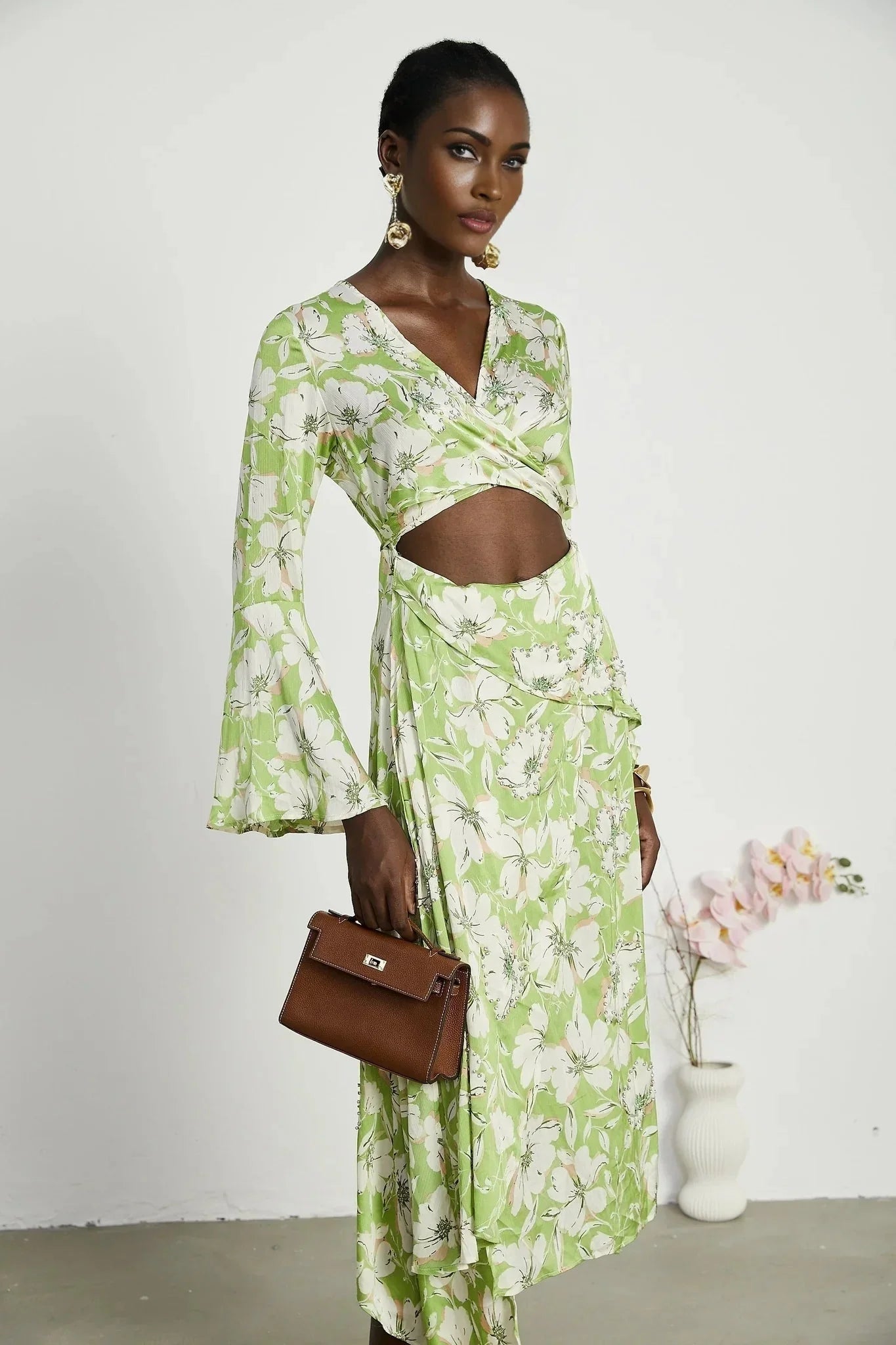 Annetta Floral Midi Dress - Long Sleeves - V - Neckline - Crystal Embellishments - Front Slit