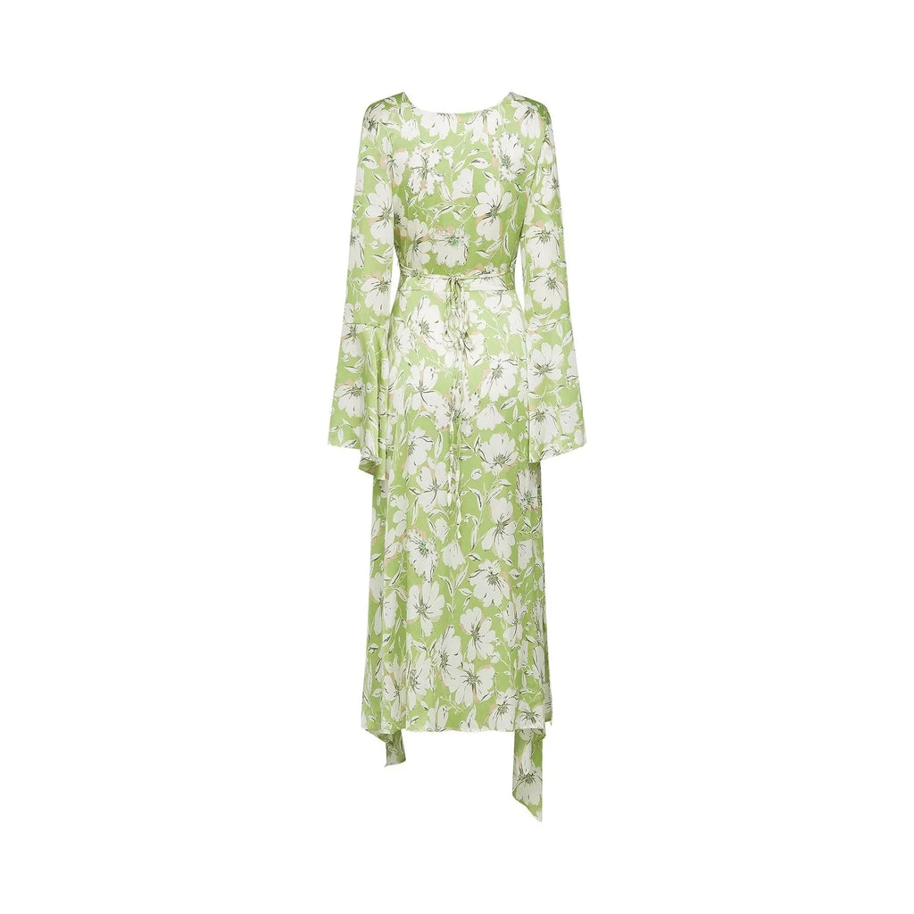 Annetta Floral Midi Dress - Long Sleeves - V - Neckline - Crystal Embellishments - Front Slit