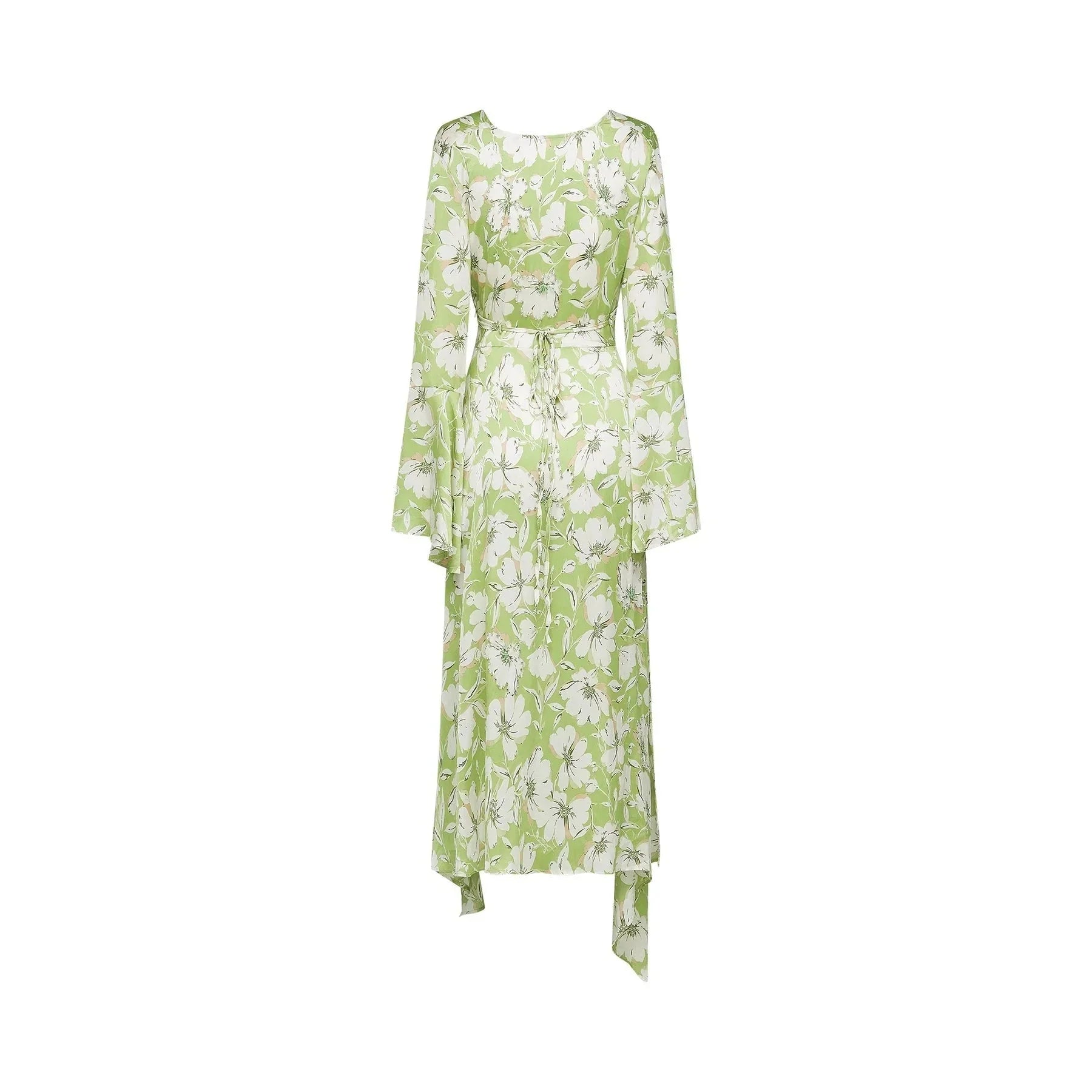 Annetta Floral Midi Dress - Long Sleeves - V - Neckline - Crystal Embellishments - Front Slit