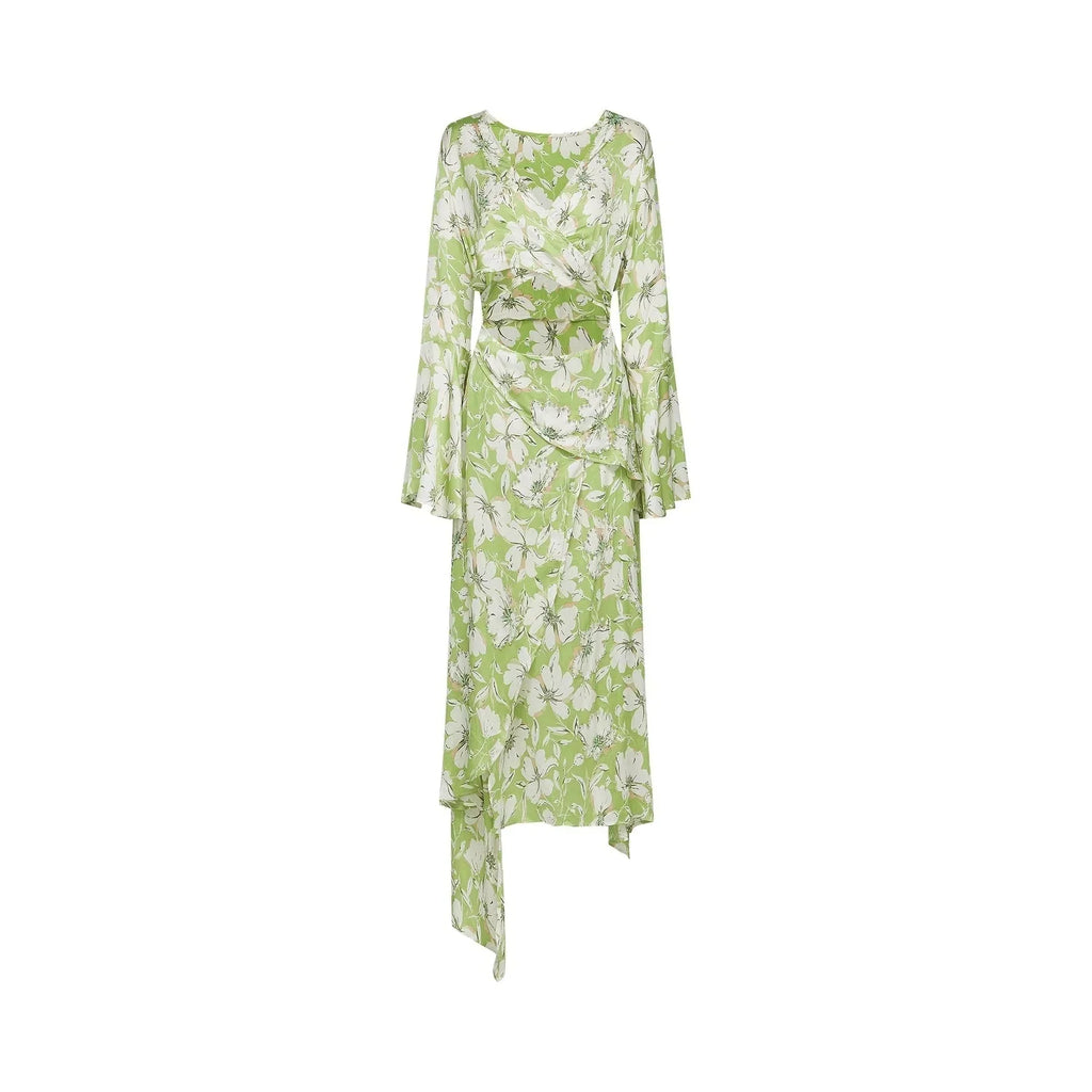 Annetta Floral Midi Dress - Long Sleeves - V - Neckline - Crystal Embellishments - Front Slit