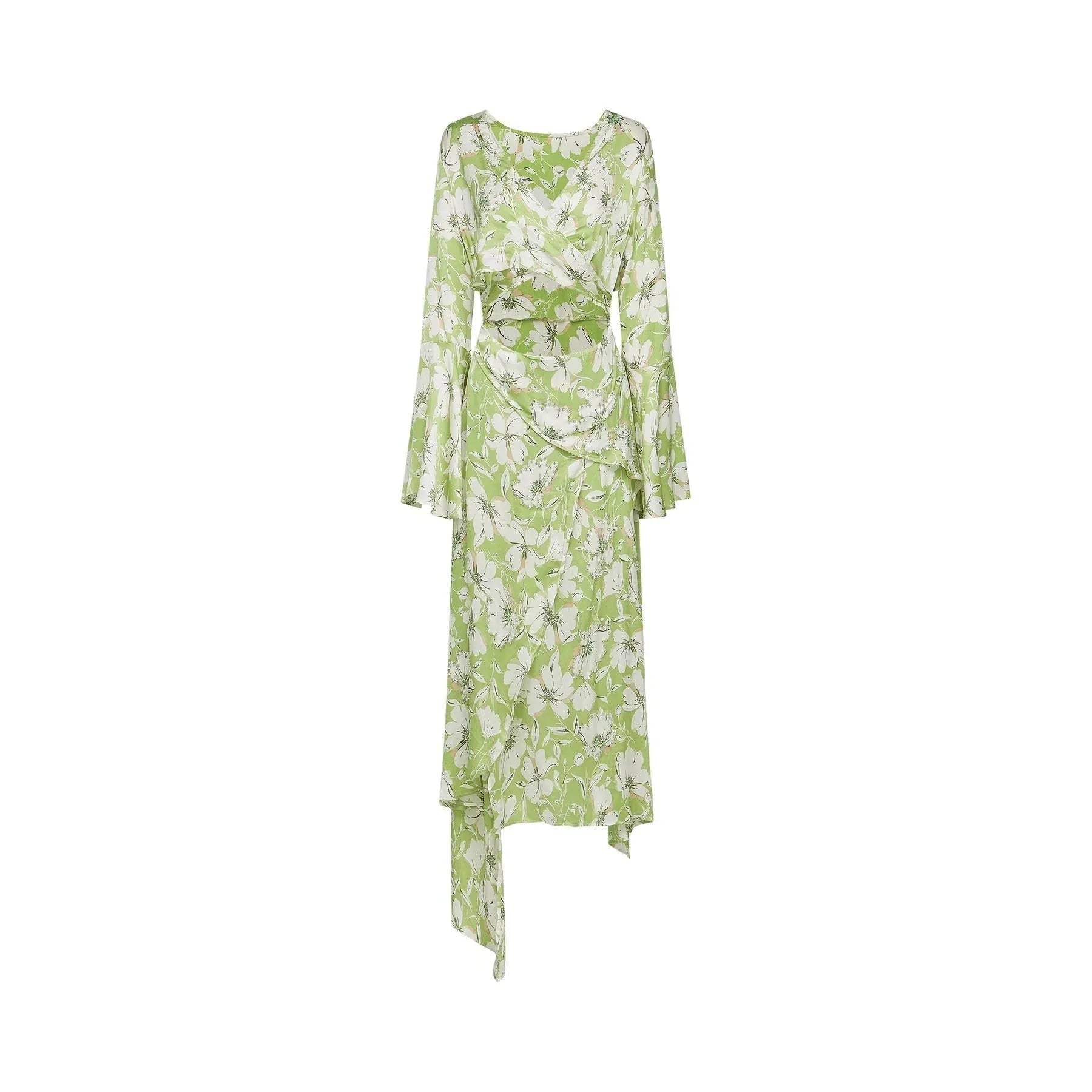 Annetta Floral Midi Dress - Long Sleeves - V - Neckline - Crystal Embellishments - Front Slit