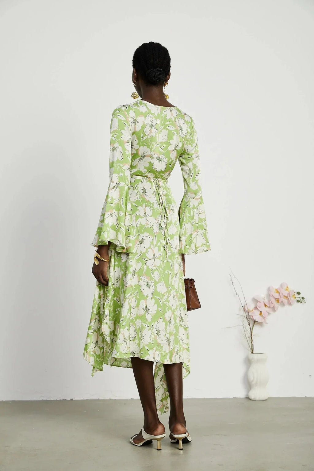 Annetta Floral Midi Dress - Long Sleeves - V - Neckline - Crystal Embellishments - Front Slit