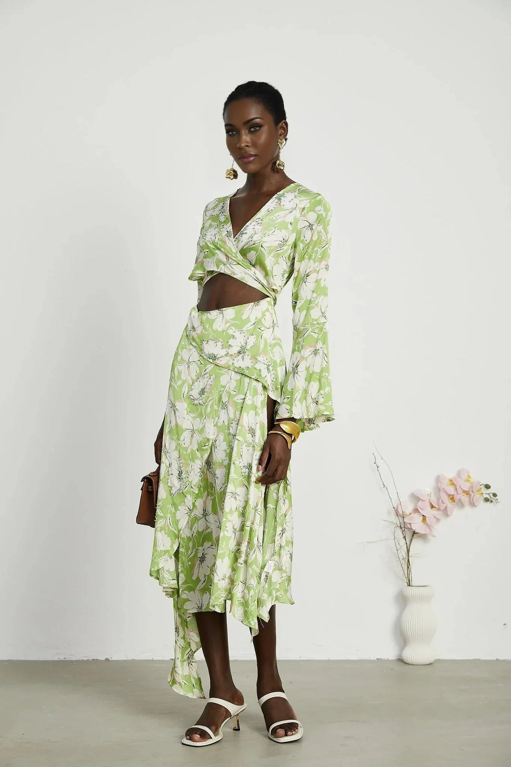Annetta Floral Midi Dress - Long Sleeves - V - Neckline - Crystal Embellishments - Front Slit