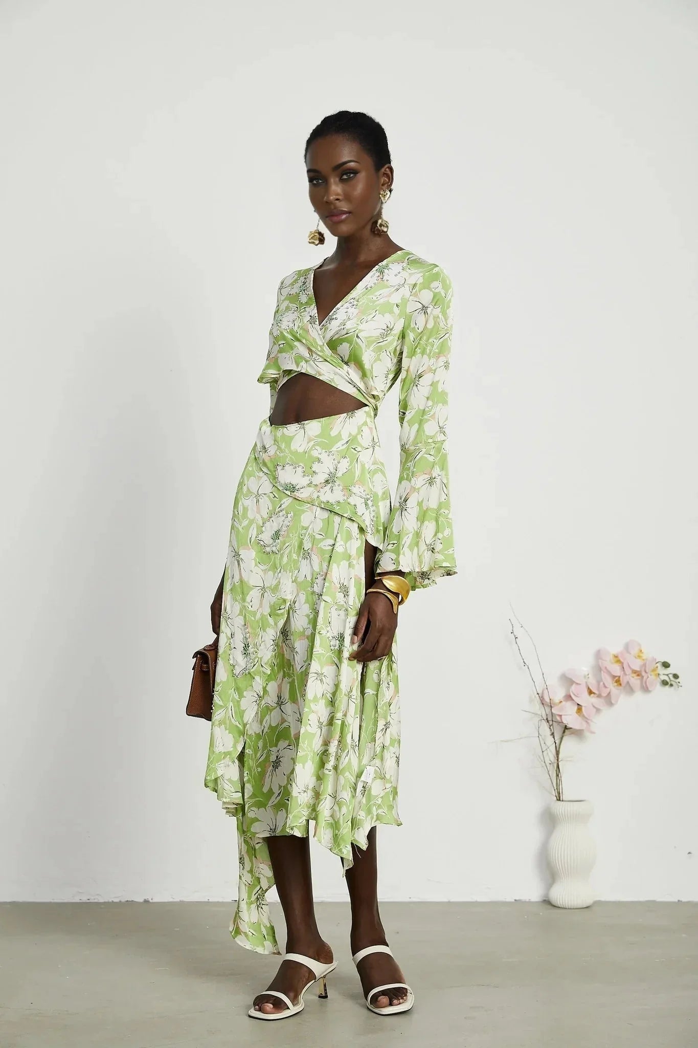 Annetta Floral Midi Dress - Long Sleeves - V - Neckline - Crystal Embellishments - Front Slit