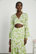 Annetta Floral Midi Dress - Long Sleeves - V - Neckline - Crystal Embellishments - Front Slit