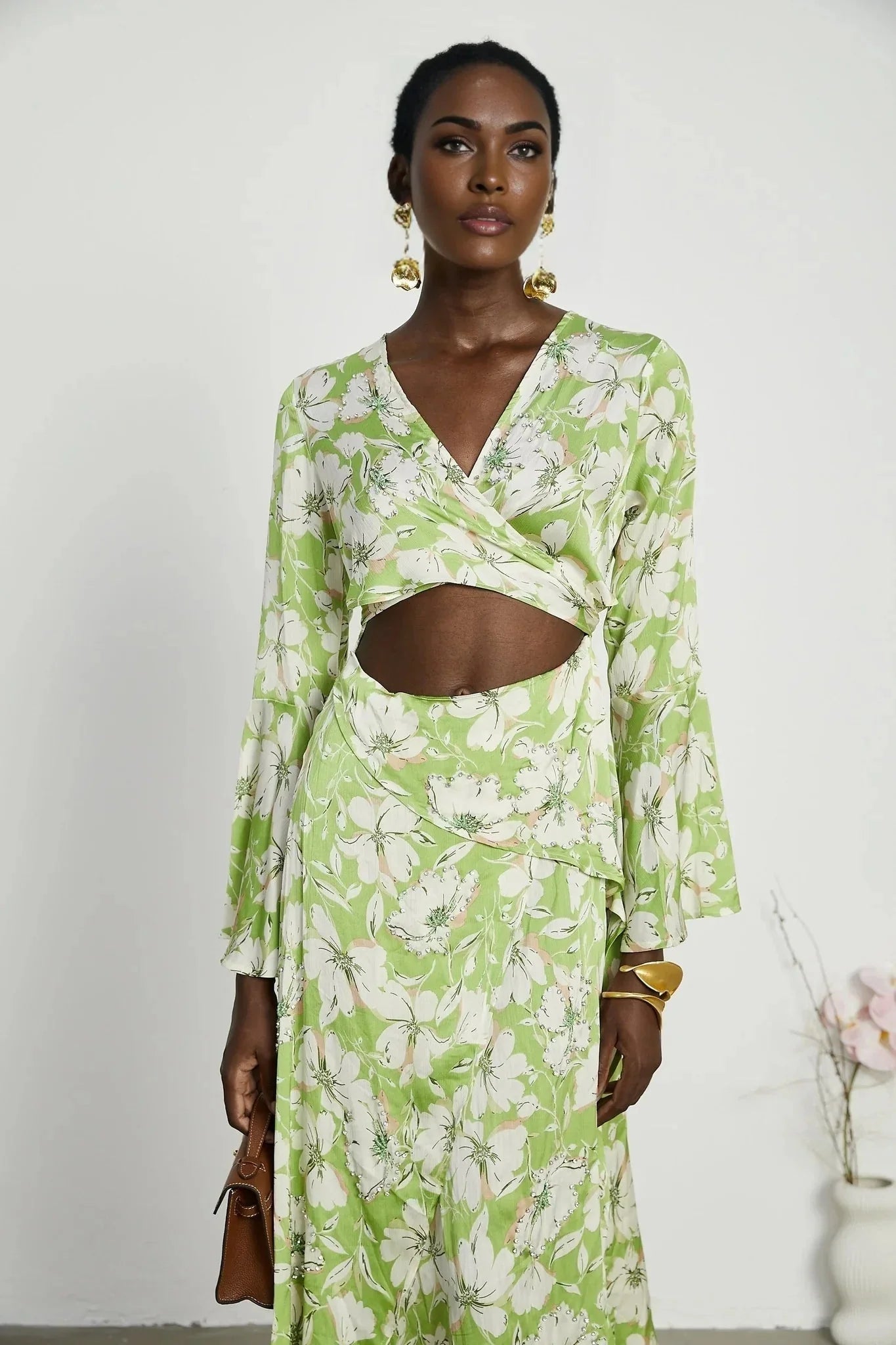 Annetta Floral Midi Dress - Long Sleeves - V - Neckline - Crystal Embellishments - Front Slit