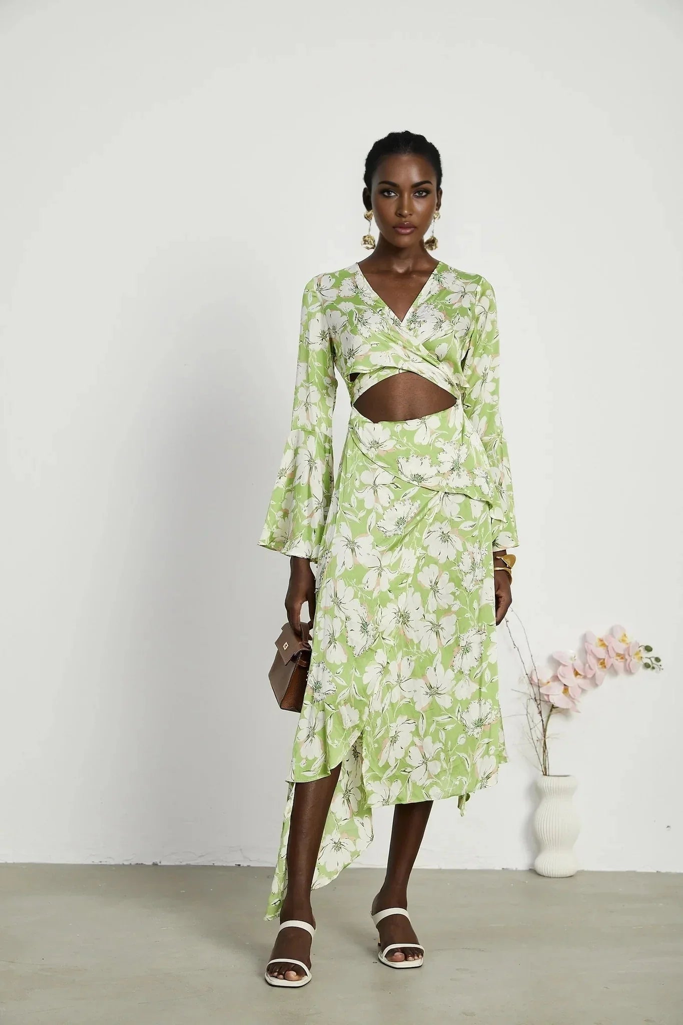 Annetta Floral Midi Dress - Long Sleeves - V - Neckline - Crystal Embellishments - Front Slit