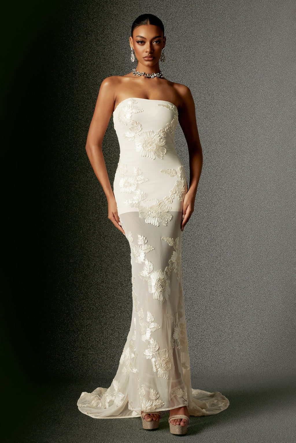 Annetta Ivory Strapless Embroidered Floral Maxi Dress