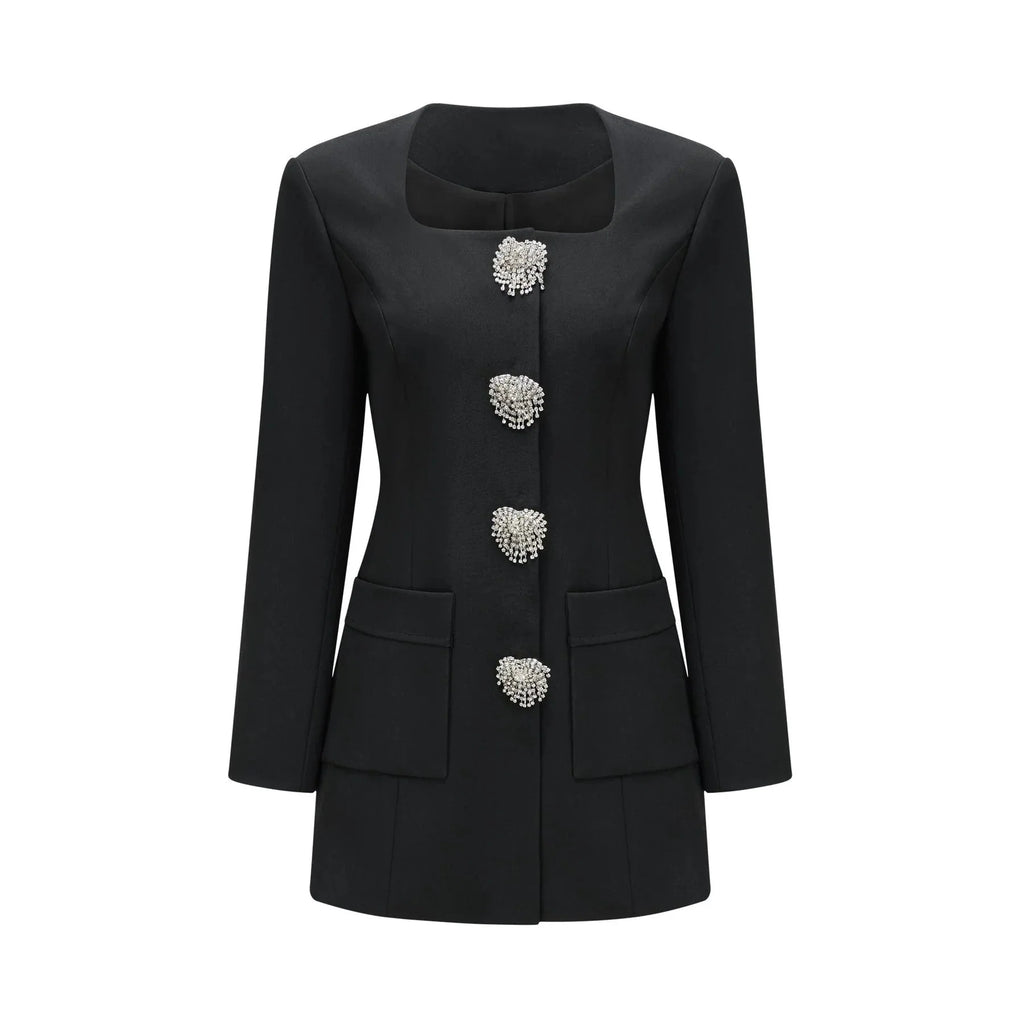 Annetta Mini Dress - Front Button Detailing - Long Sleeves - Square Neck - Press - Stud Fastening