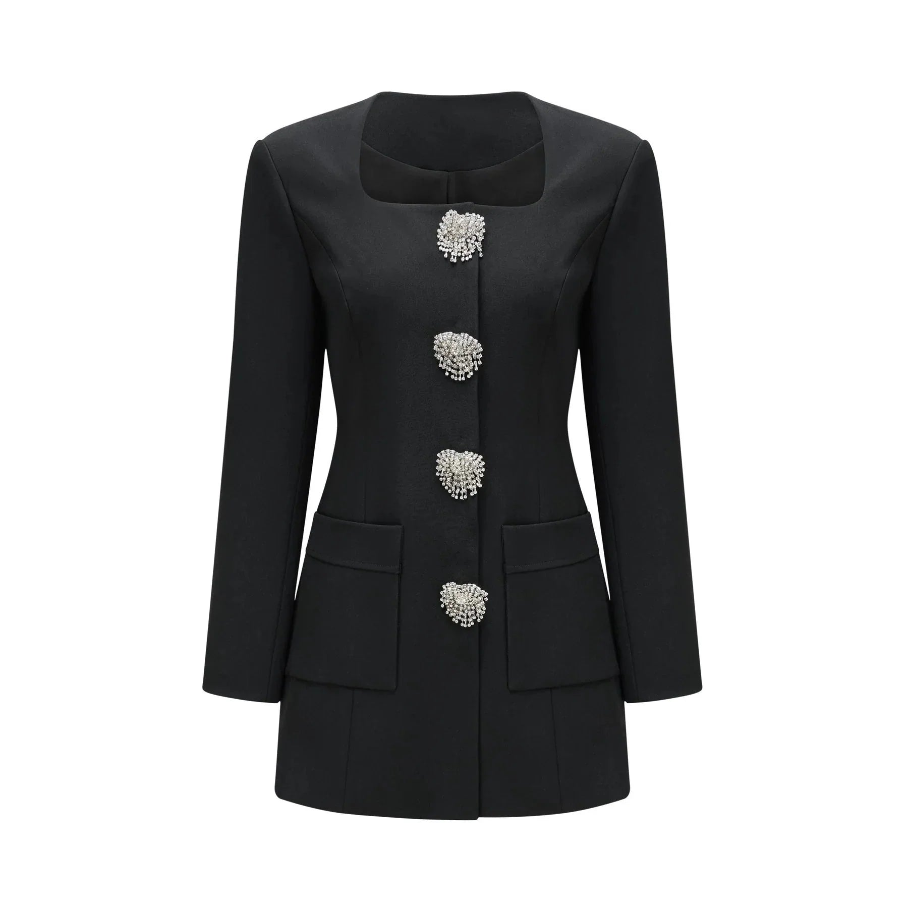 Annetta Mini Dress - Front Button Detailing - Long Sleeves - Square Neck - Press - Stud Fastening