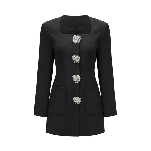 Annetta Mini Dress - Front Button Detailing - Long Sleeves - Square Neck - Press - Stud Fastening
