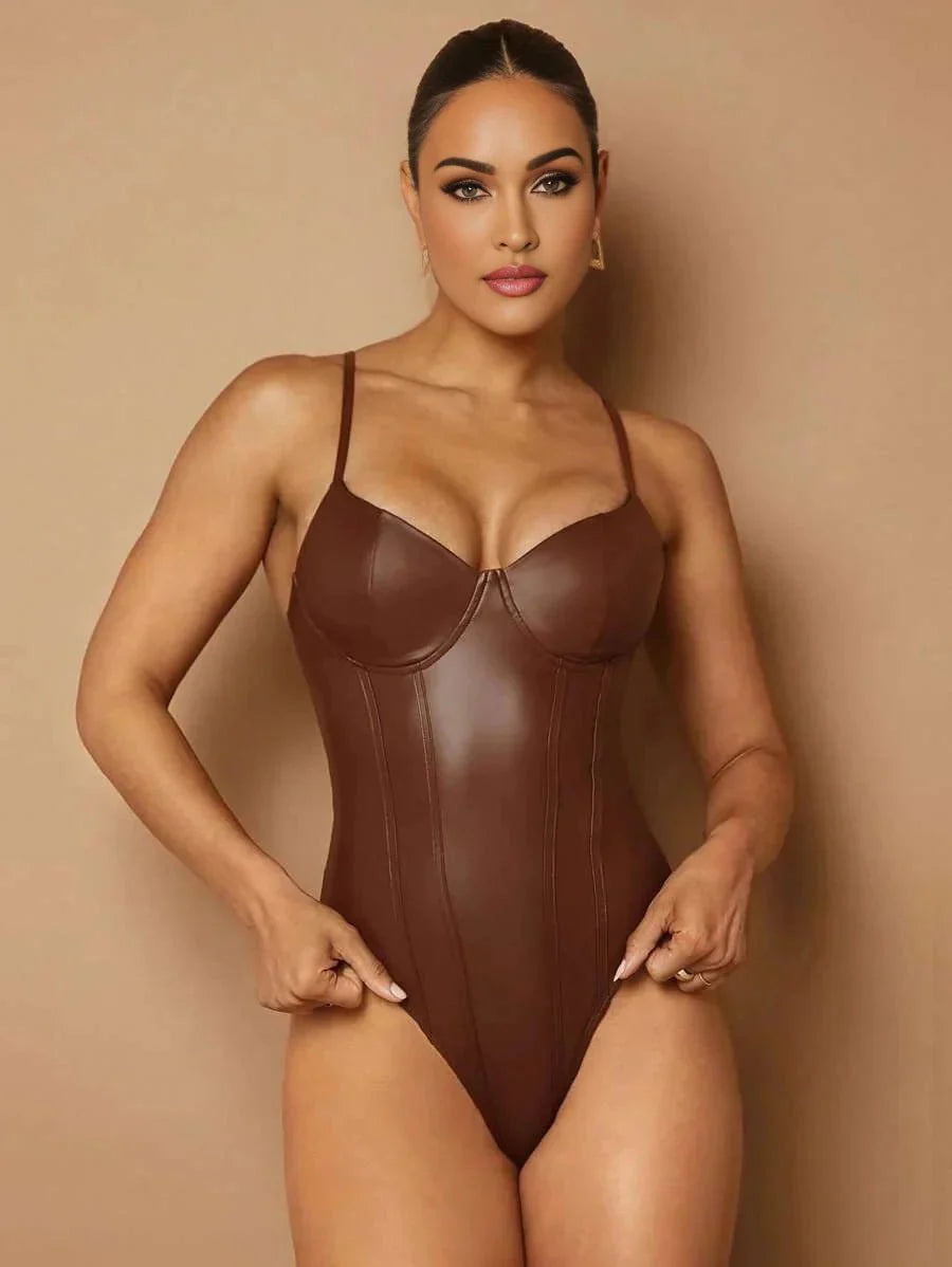 Annie Bodysuit - Pu Leather Material - Slim Fit - Medium Stretch Fabric Elasticity - Casual Style - Spaghetti Strap Neckline - Sleeveless