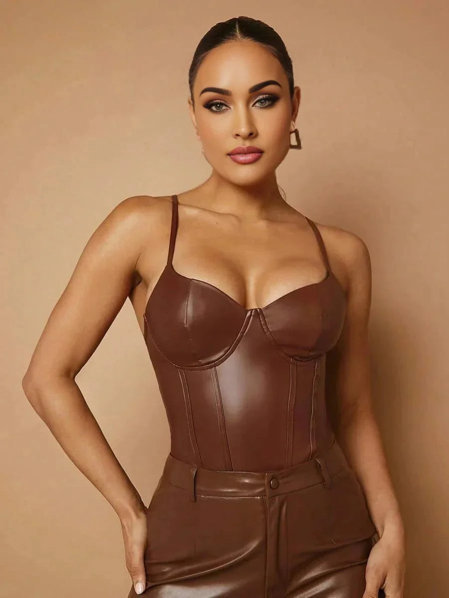 Annie Bodysuit - Pu Leather Material - Slim Fit - Medium Stretch Fabric Elasticity - Casual Style - Spaghetti Strap Neckline - Sleeveless