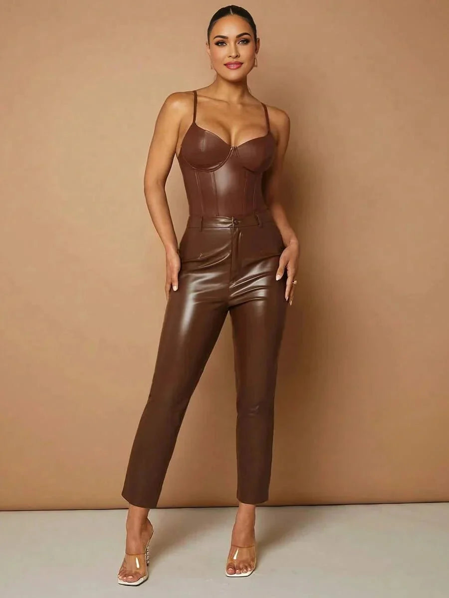 Annie Bodysuit - Pu Leather Material - Slim Fit - Medium Stretch Fabric Elasticity - Casual Style - Spaghetti Strap Neckline - Sleeveless