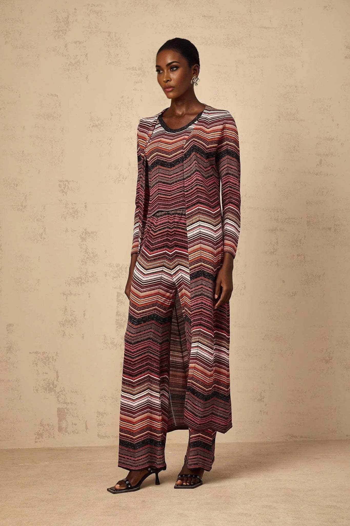 Annie Cardigan Red Striped Knit Open Front Maxi