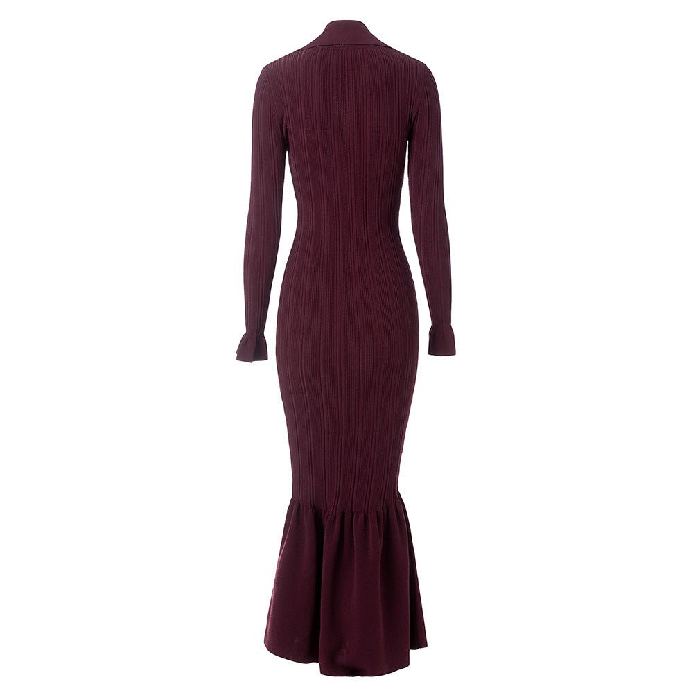 Annie Dress - Fitted Silhouette With Flared Hem - Ribbed Texture With Button Details - Bodycon Fit With Long Sleeves - Vintage - Inspired Chic Style