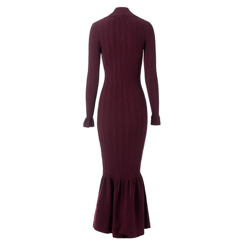 Annie Dress - Fitted Silhouette With Flared Hem - Ribbed Texture With Button Details - Bodycon Fit With Long Sleeves - Vintage - Inspired Chic Style